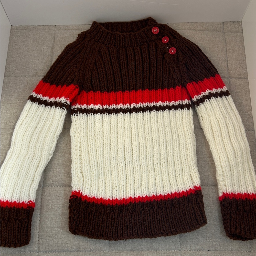 Vintage. Hand made. New. Brown and White Striped Knit Sweater